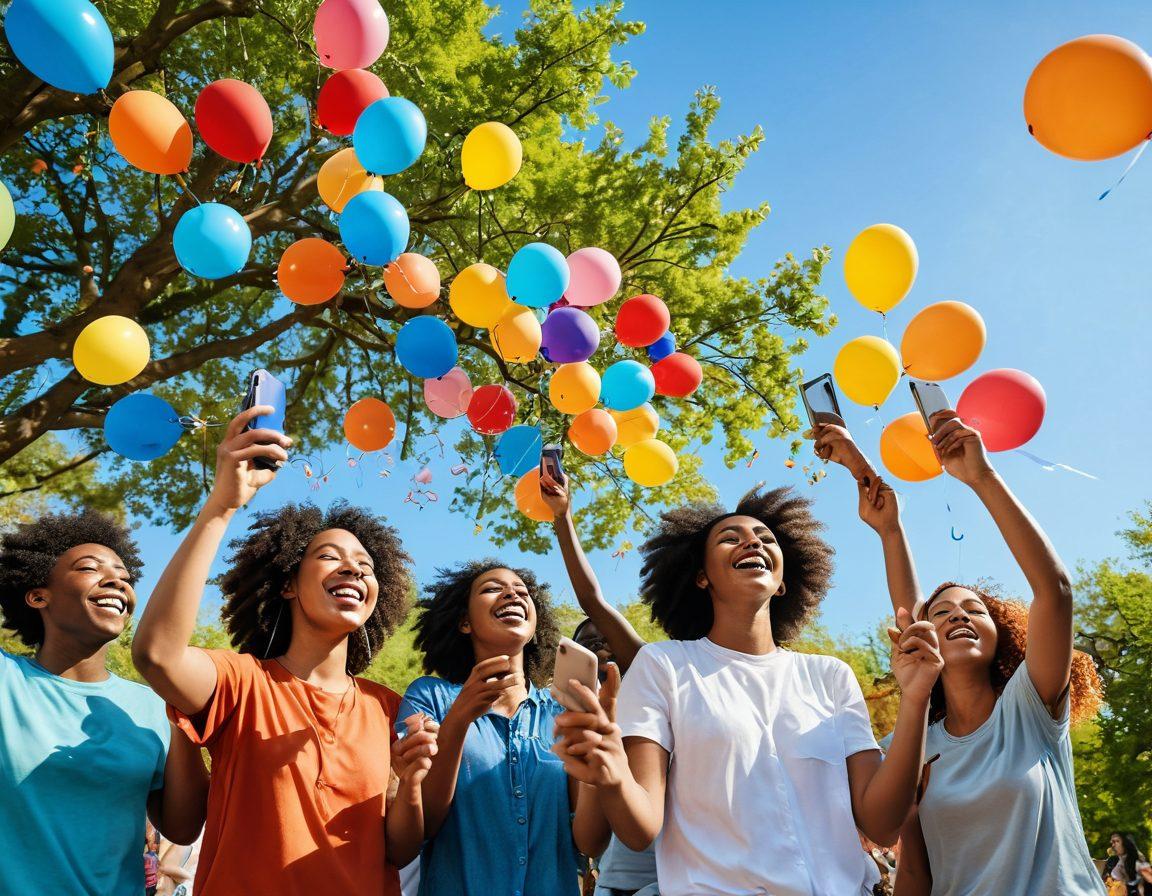 A vibrant scene of diverse people sharing joyful moments in a park, surrounded by colorful balloons and blossoming flowers. In the foreground, a group is laughing while sharing content on their smartphones, radiating happiness and connection. The background features a bright blue sky and sunlight filtering through trees, symbolizing the beauty of sharing joy. Playful elements like butterflies and musical notes float around, enhancing the festive atmosphere. vibrant colors. super-realistic.