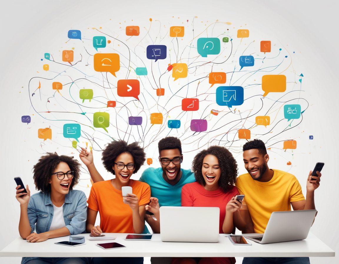 A vibrant digital collage featuring diverse people sharing joyful moments, such as laughter and celebrations, surrounded by digital devices like smartphones and laptops. Incorporate elements of community connectivity, like glowing lines connecting individuals to each other and social media icons. Use warm, inviting colors to evoke happiness, along with whimsical patterns to symbolize creativity and sharing. Playful typography integrates with the scene to enhance the theme of spreading joy. super-realistic. vibrant colors. white background.