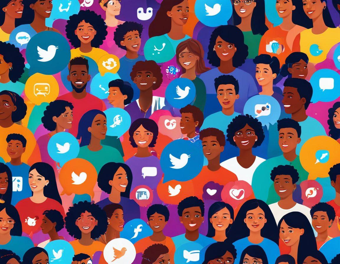 A vibrant digital collage depicting diverse individuals sharing their emotions through various digital platforms, with colorful social media icons swirling around them. The scene should showcase a range of expressions, from joy to sadness, in a dynamic and engaging way. Include elements that represent media exchange, like chat bubbles and video screens, all interconnected. The overall mood should be uplifting and inspiring. bright and colorful. vector art. dynamic composition.